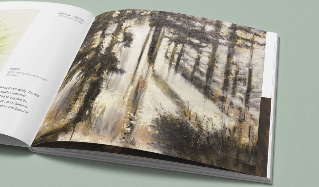 Example of an interior of an art portfolio, featuring a beautiful painting of trees