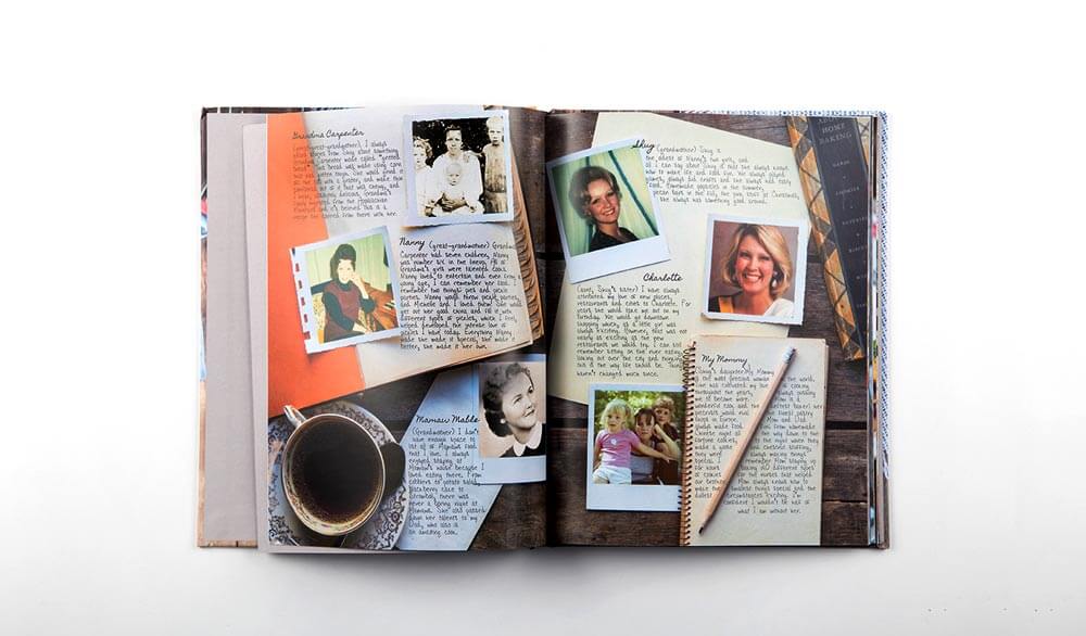 A family cookbook with family photos and handwritten recipes