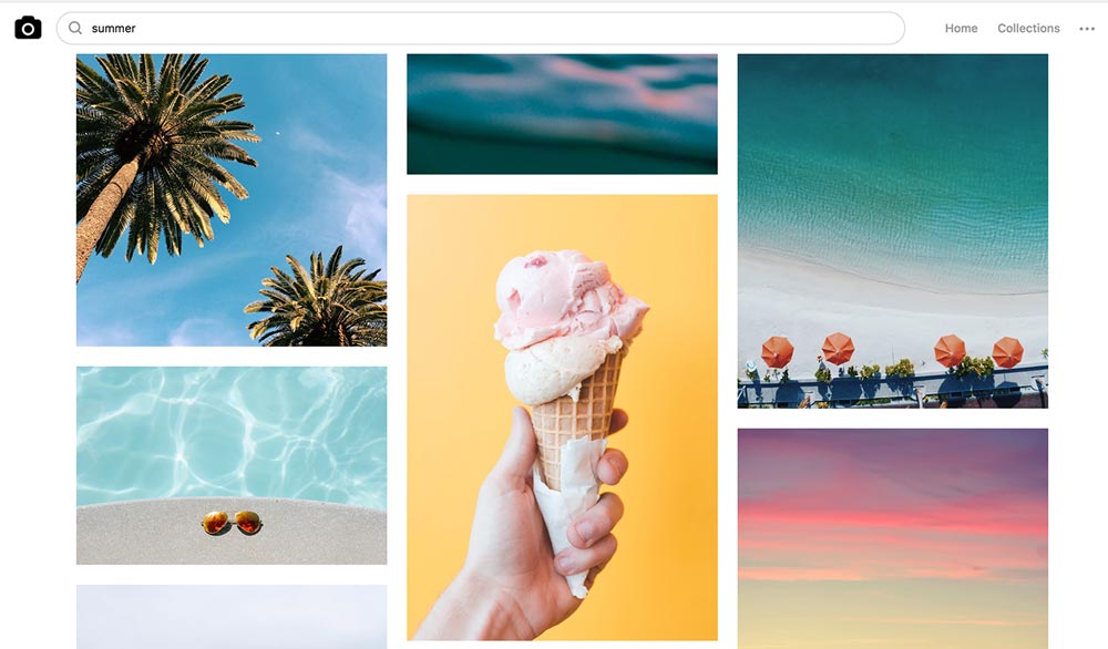 Various colorful images that are symbolic for summer: Palm trees, ice cream, beach, pool, sunglasses.