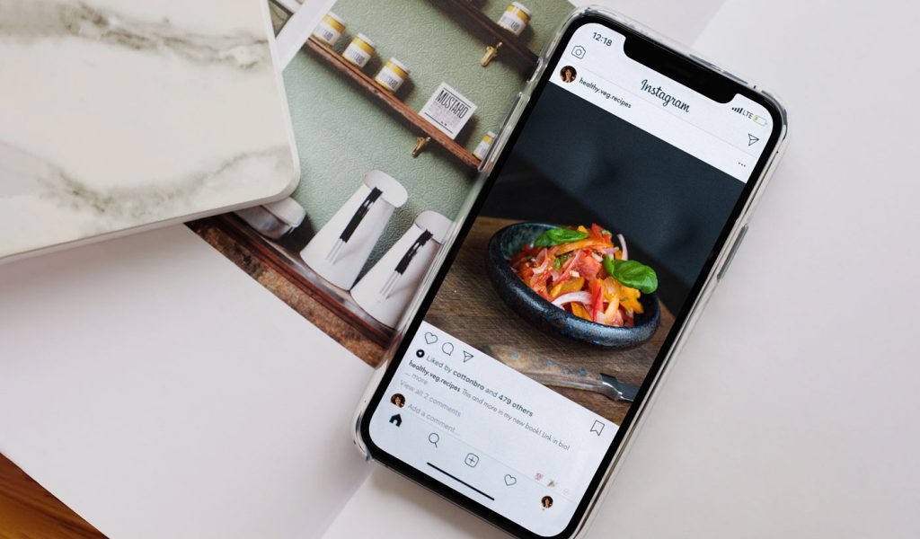 Phone with Instagram and a food image open