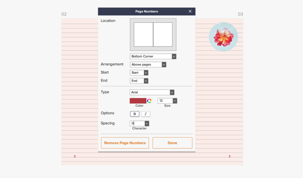 BookWright grids and shape feature showing a way to add page numbers