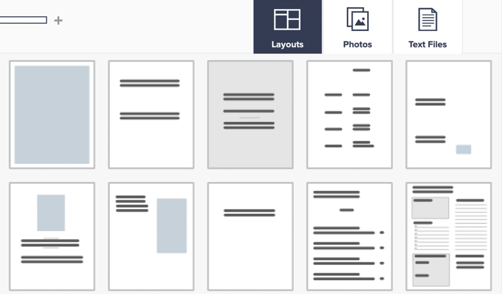 BookWright layouts, photos, and text files selection screen