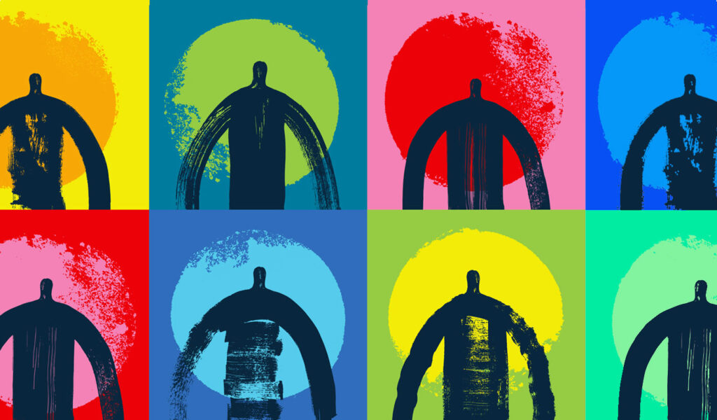 Colorful abstract image of 8 human-like figures.