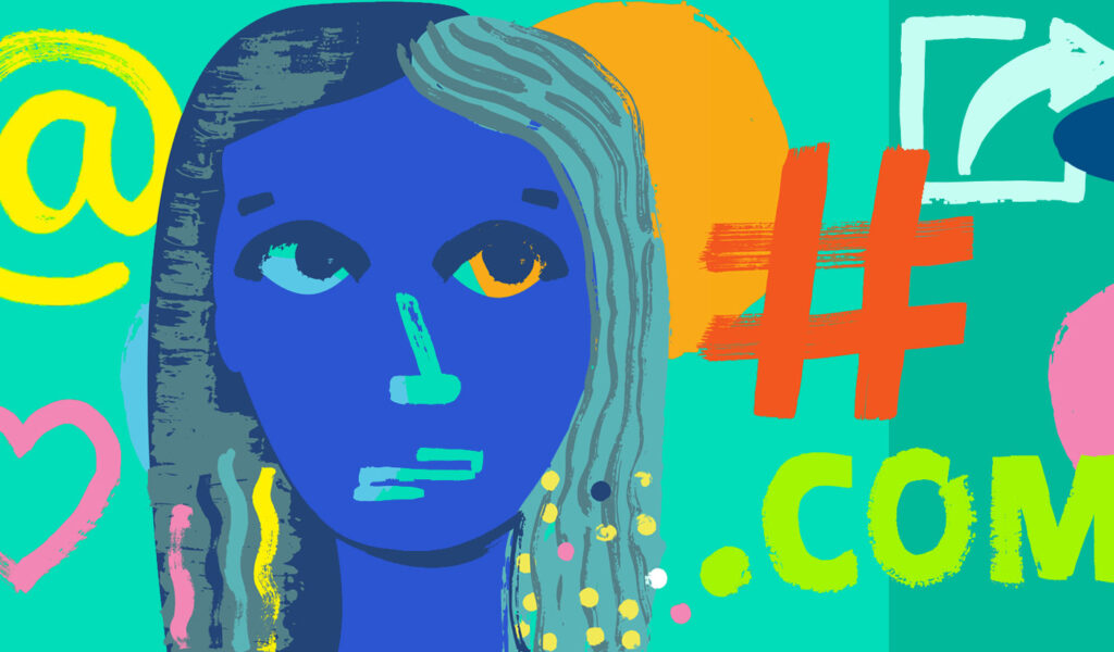Colorful abstract image of a person with long hair standing amidst different symbols of the internet.