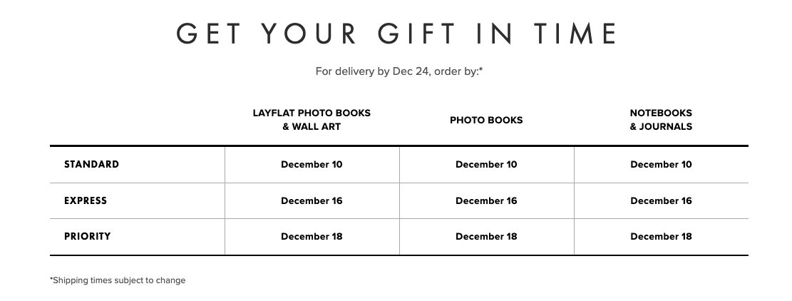 Blurb Holiday Shipping Timetable:
For delivery by Dec 24, order by:
Product: Layflat Photo Books & Wall Art
Standard: December 10
Express: December 16
Priority: December 18
Product: Photo Books
Standard: December 10
Express: December 16
Priority: December 18
Product: Notebooks and Journals
Standard: December 10
Express: December 16
Priority: December 18
Times subject to change.