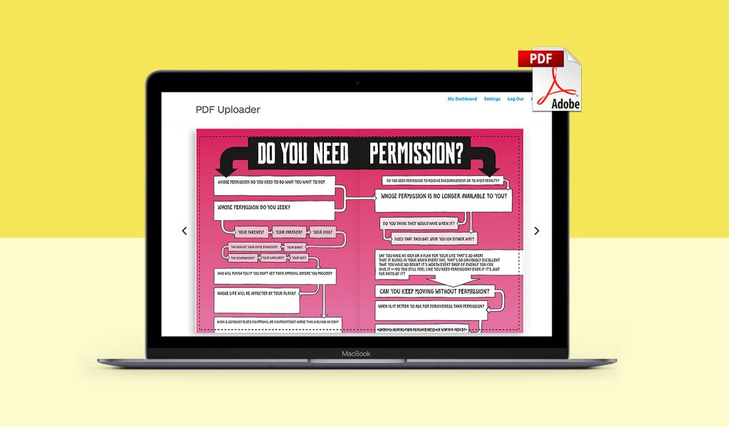 Blurb PDF Uploader on the screen of a laptop showing the 344 Questions book opened up on a page that says: Do you need permission?