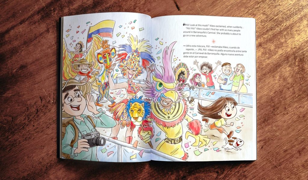 "The Adventures of Pili" book opened up on a page with an illustration of Carnival of Barranquilla