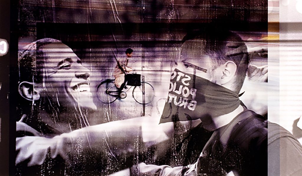 Three photographs blended together: a bicyclist, President Obama, and a protester wearing a bandana over their mouth