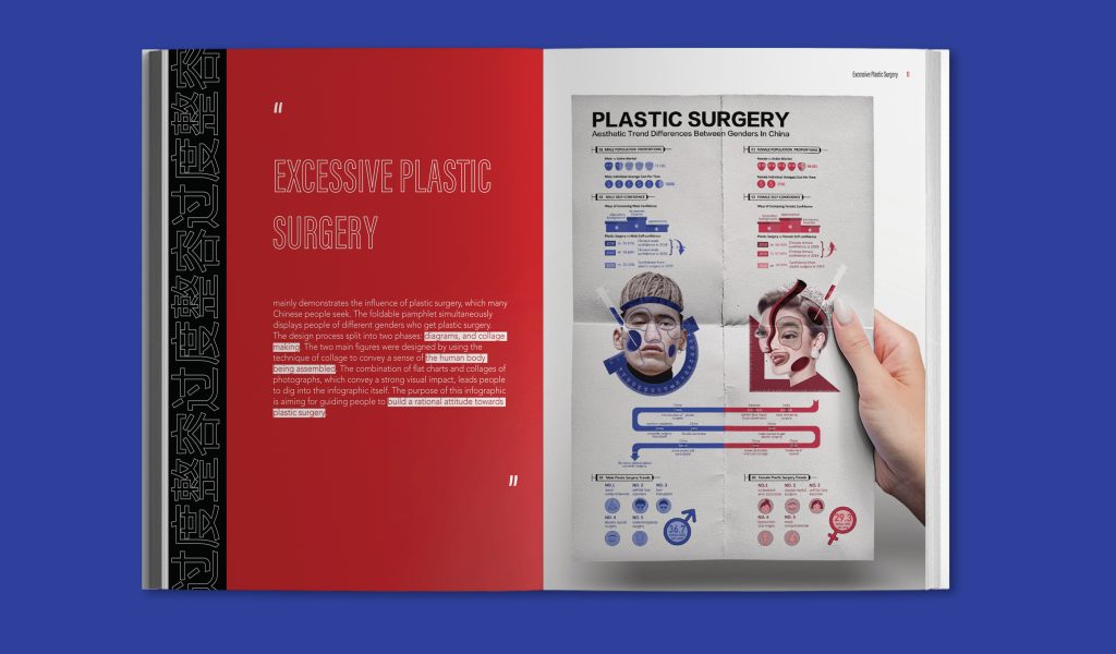 Book opened showing the words "excessive plastic surgery" on the left page and images supporting the statement on the right page