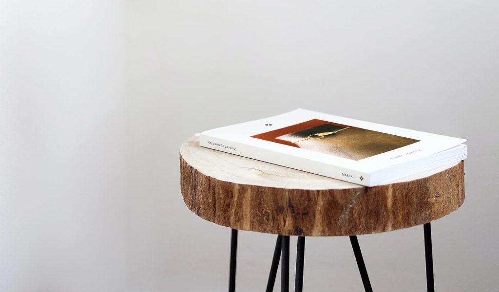 Photographer's portfolio book on a wood bench.