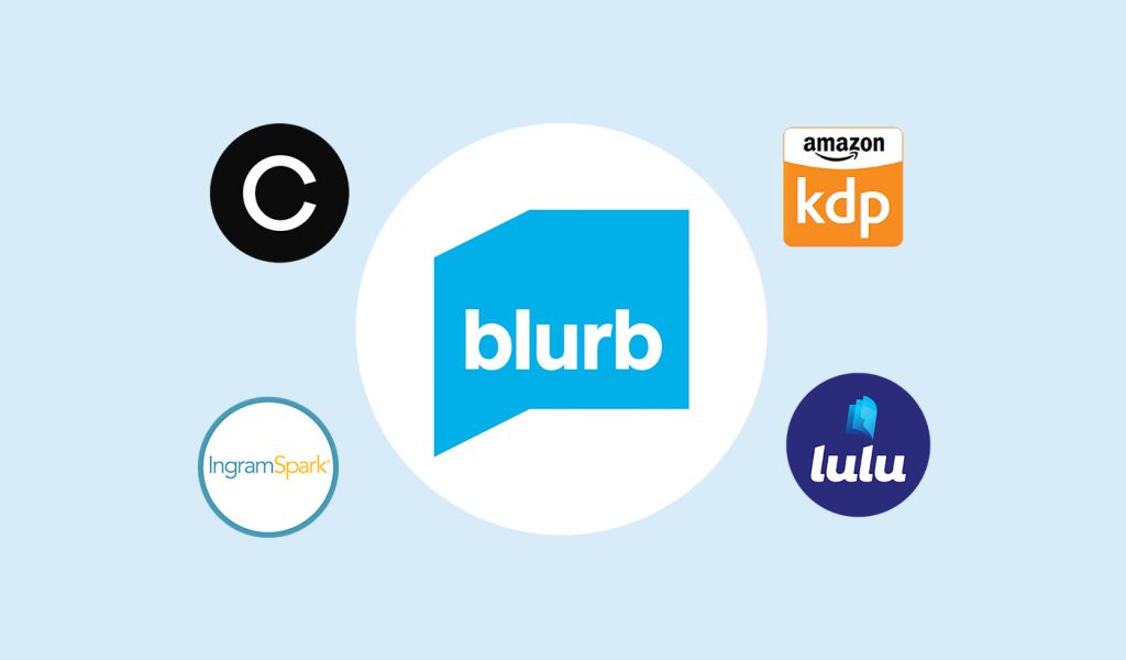 Print on demand company logos (Blurb, Amazon KDP, Lulu, IngramSpark, and Contrado)