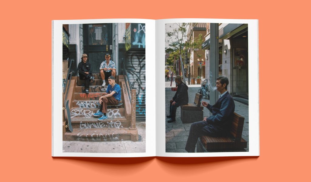 Fred Ranger's zine, Humans After All, showing photos of people hanging out in the street doing normal things like talking and smoking