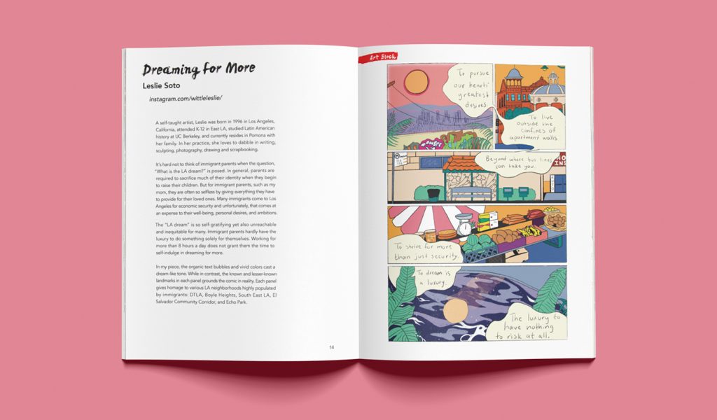 The LA Dream: Art Block Zine; Vol. 7, Issue 2 opened up to show two pages, one with text and the other with a comic art