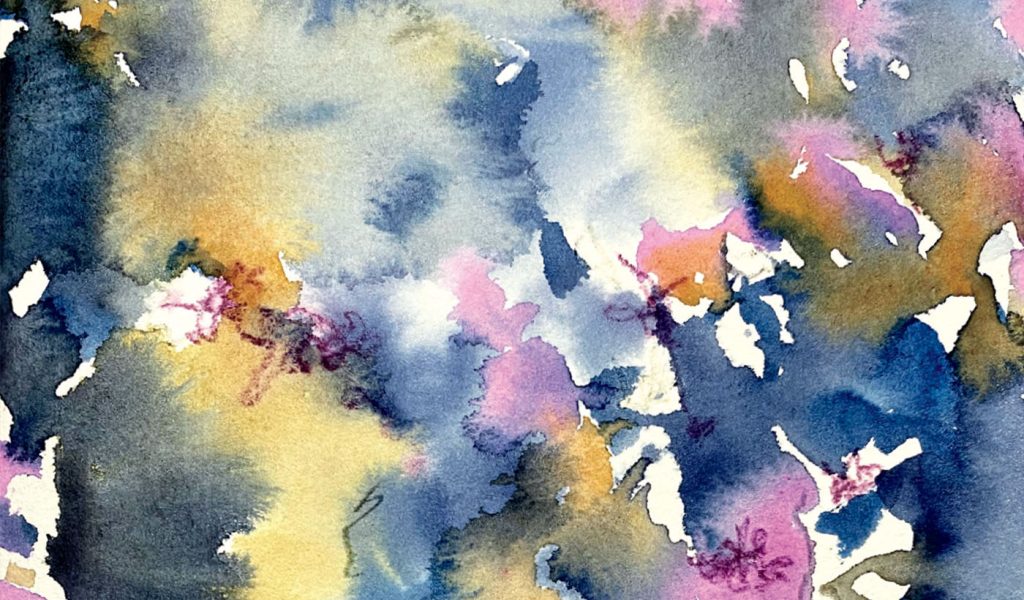 Watercolor painting using dark blues, pinks, greens, and white