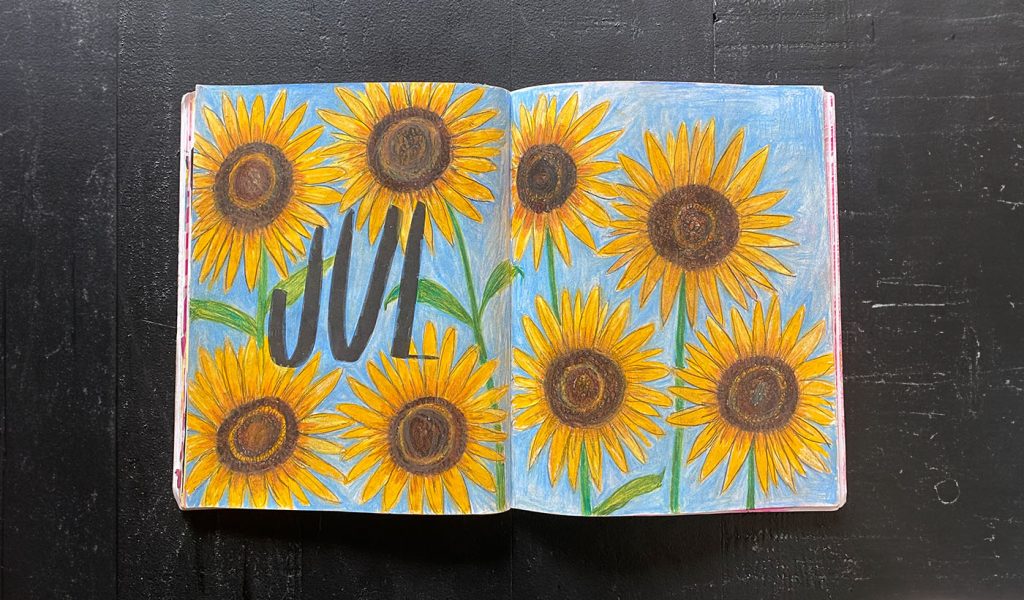 Drawing of sunflowers and handwriting previewed in the Currently Workbook by Tracy Benjamin