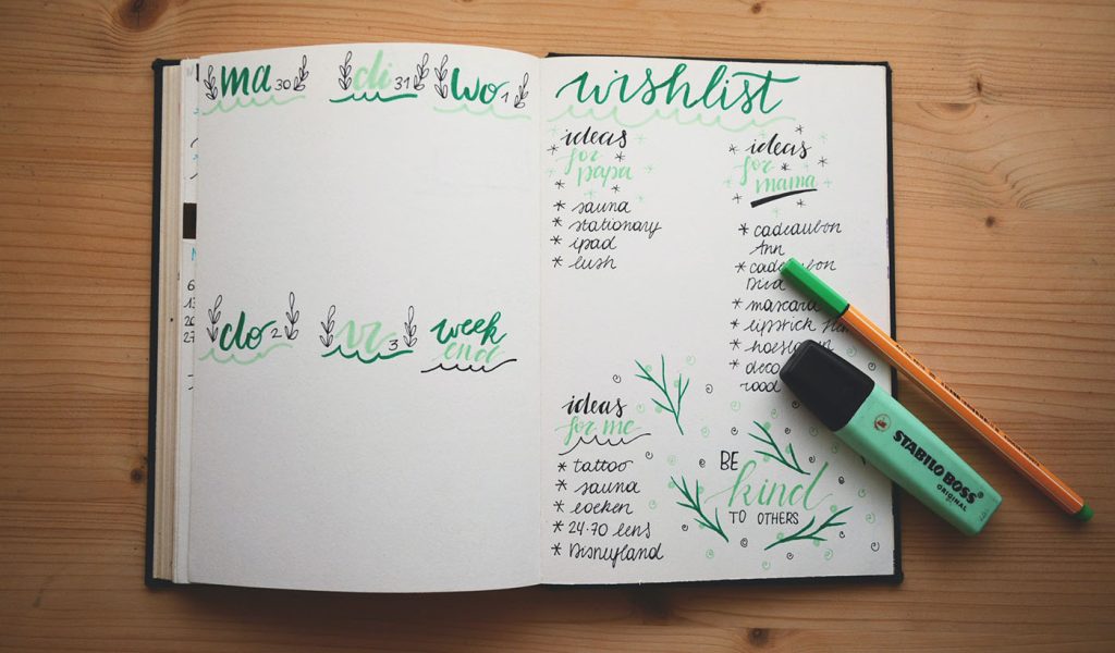 Bullet journal with green calligraphy for this creative's wish list