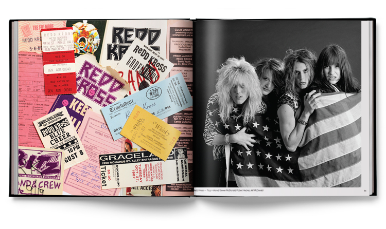 Crash, Slash, Burn' by John Scarpati open showing an image of concert tickets on one page and a band photo on the other