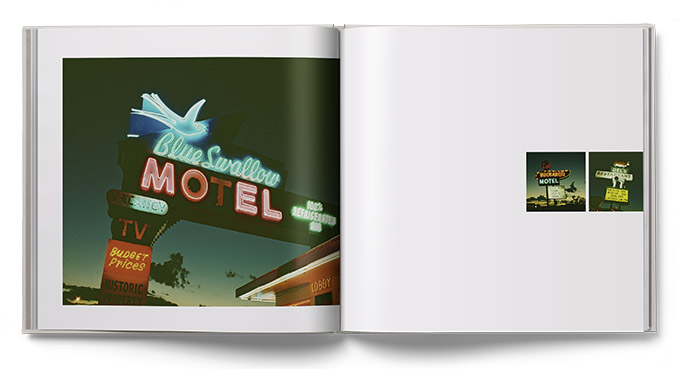 Travel photo book opened up showing the Blue Swallow Motel sign on one page, and two small images of hotel signs on the other